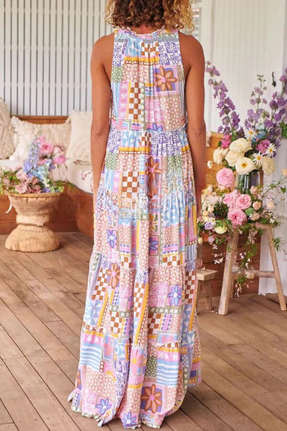 Flower Puzzle Round Neck Long Dress