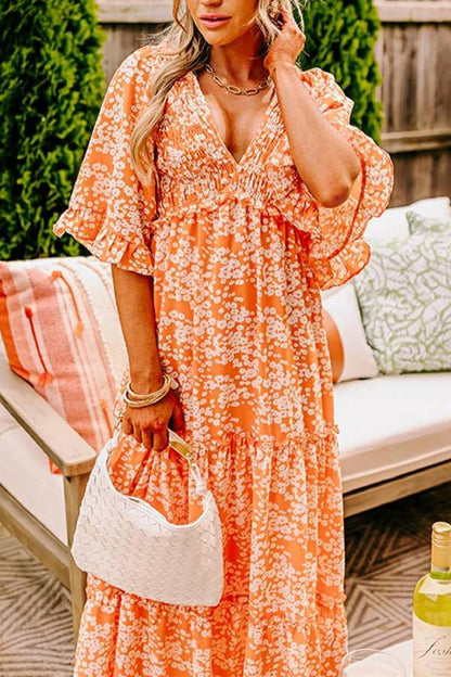 Orange Floral Print Smocked V Neck Bell Sleeve Maxi Dress
