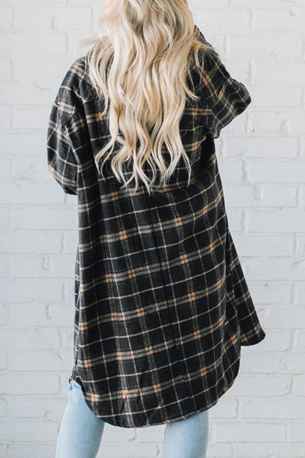 Black Plaid Button Front Pocketed Long Shacket