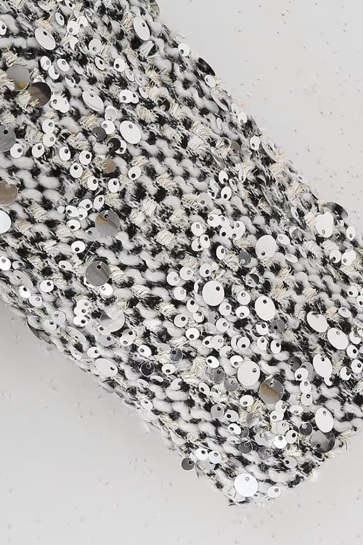 Solid Crew Neck Sequin Tweed Jacket