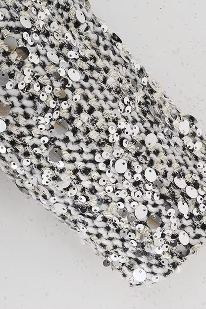 Solid Crew Neck Sequin Tweed Jacket