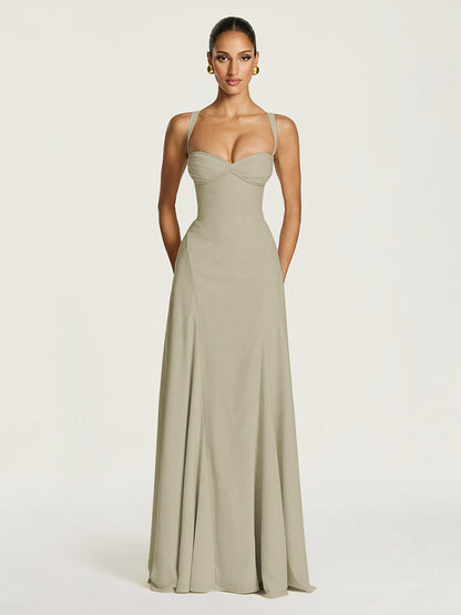 Party Dress Maxi Beige Halter Pleated Sleeveless Backless Chic Semi Formal Dress