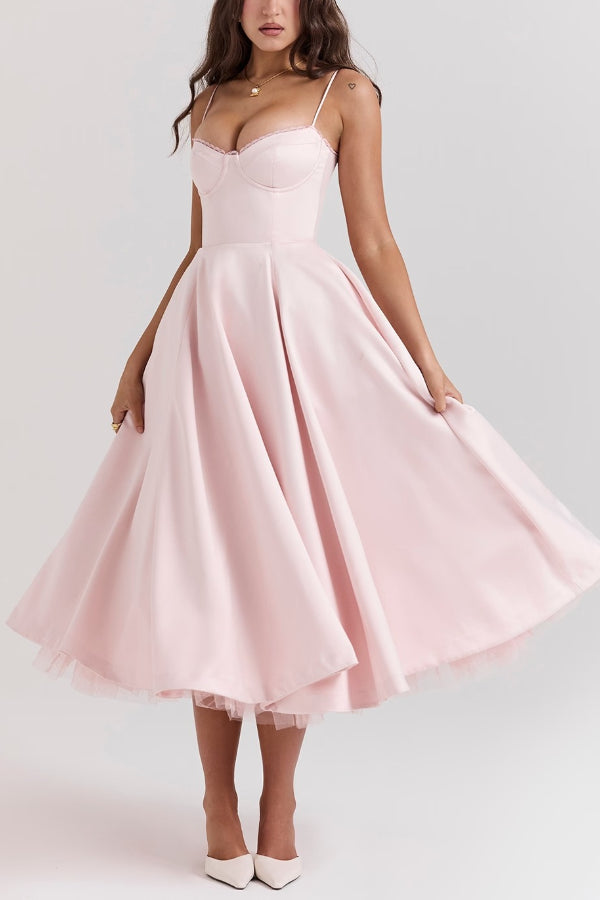 Lace Trim Sweetheart Corset Bodice Tulle Petticoat Fit and Flare Midi Dress