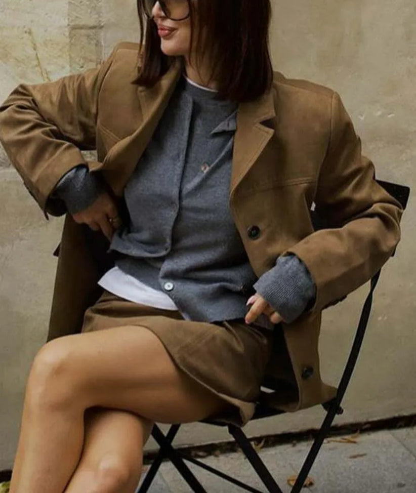 Brown Pockets Button Mini Office Two Piece Set