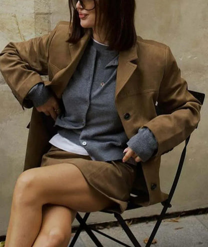 Brown Pockets Button Mini Office Two Piece Set