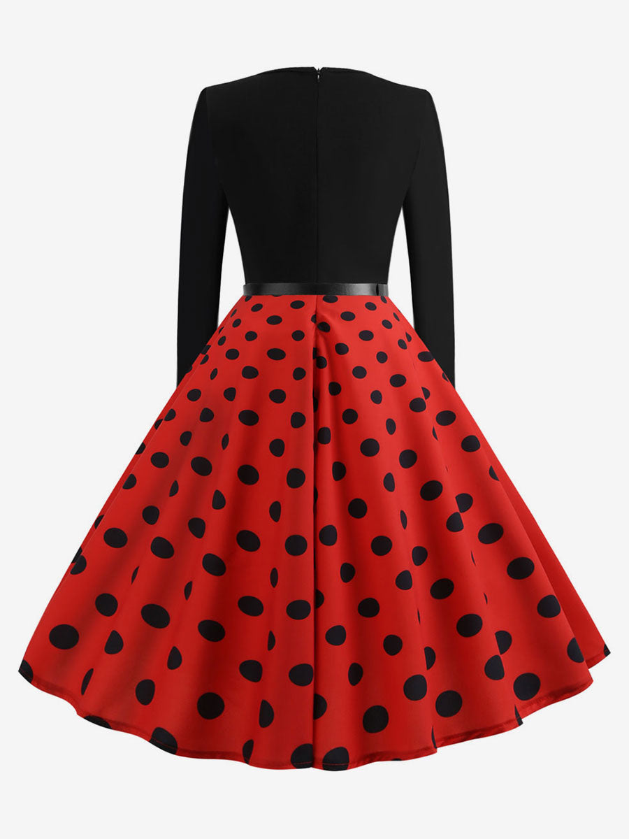 Vintage Polka Dot Swing Dress for Women - 1950s Rockabilly Long Sleeve Belted A-Line Midi Dress - Spring Retro Party 2026