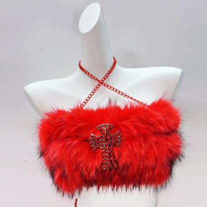 Halter cross applique rivet fluffy hollow out mini skirt set