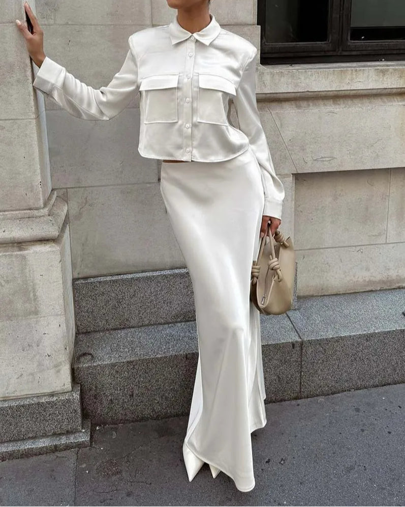 White Slim Lapel Floor Skirt Office Two Piece Set