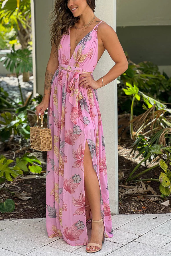 PINK PRINTED MAXI DRESS WITH SLIT