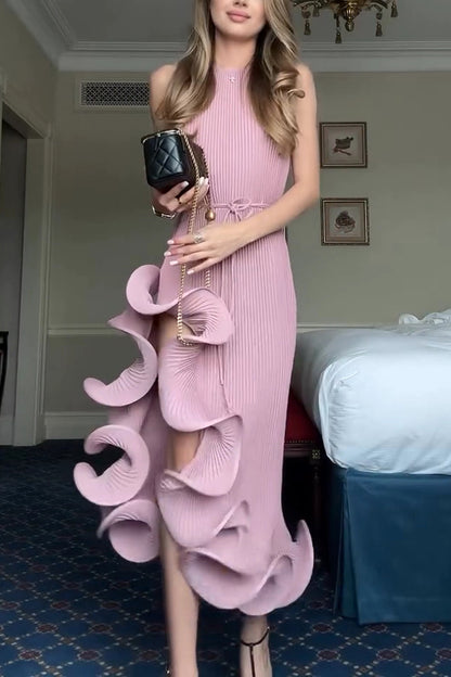 Butter Summer Pleated  Sleeveless Waist Tie Irregular Ruffle Dimensional Hem Midi Dress