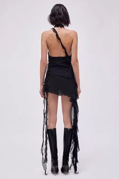 Asymmetric Rose Halter  Mini Dress