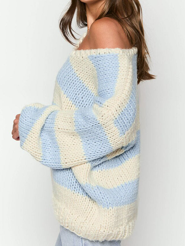 Off The Shoulder Striped Print Oversized Sweaters