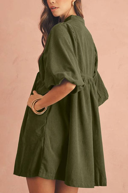 Vineyard Green Snap Button Empire Waist Lantern Sleeve Corduroy Dress