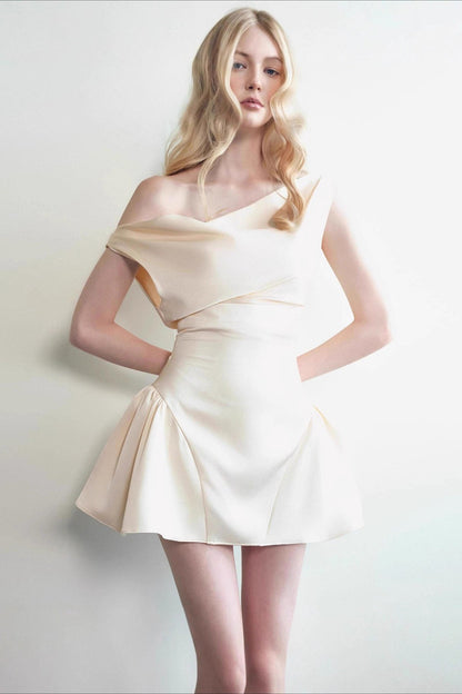 Asymmetric Drape Neck One Sleeve Pleated Bubble Hem Mini Dress