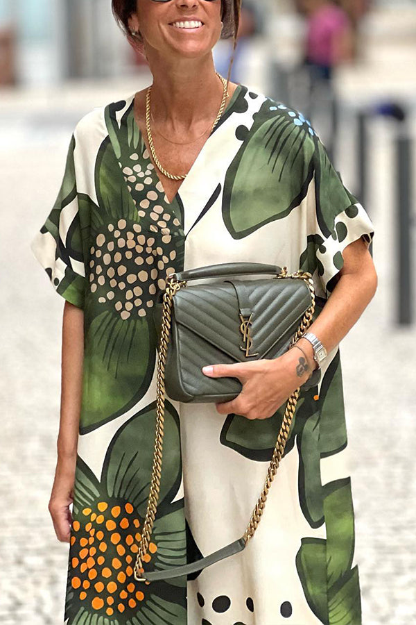 Green flower v-neck short-sleeved loose dress