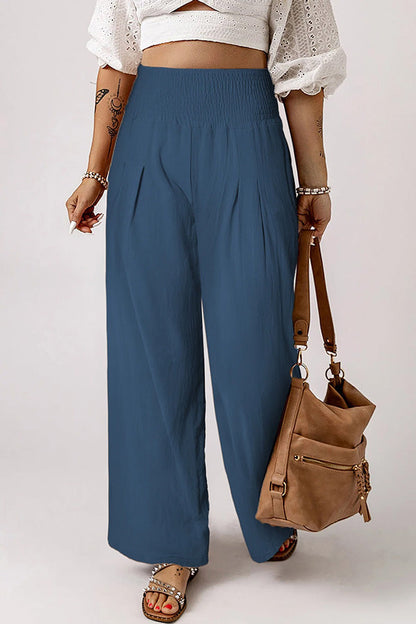 Smocked Wide Waistband High Waist Wide Leg Pants