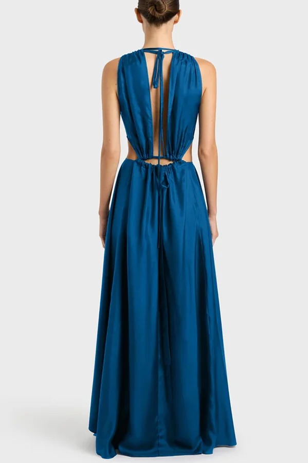 Midnight Charm Satin Ruched Cutout Tie-up Maxi Dress
