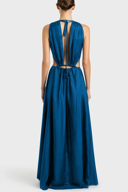 Midnight Charm Satin Ruched Cutout Tie-up Maxi Dress