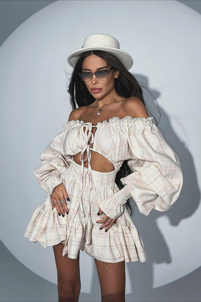 Plaid Lace Trim Off Shoulder Tie Front Puff Sleeve Smocked Mini Skirt Set