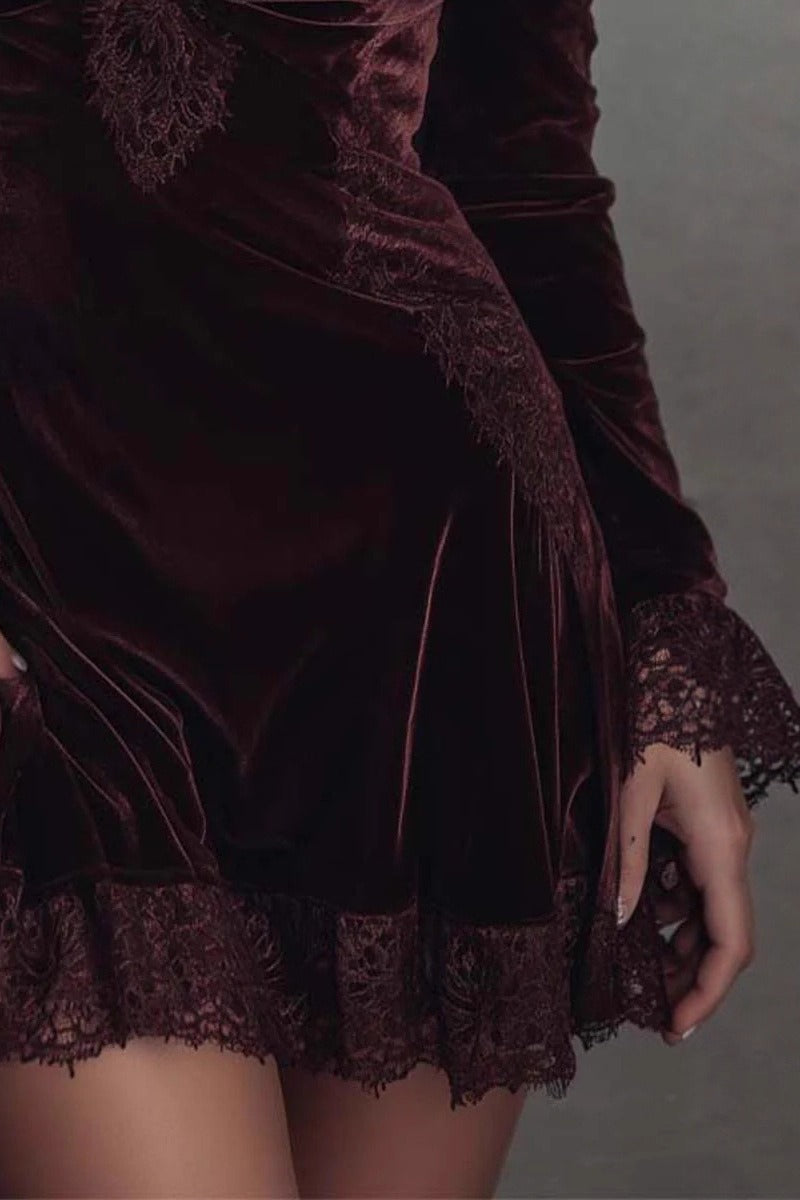 Velvet Lace Trim Mini Dress