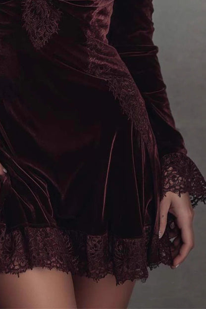 Velvet Lace Trim Mini Dress