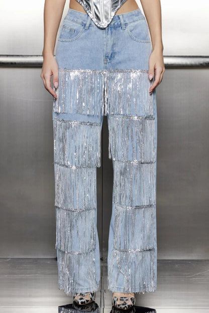 Stylish High-waisted Pocket Tassel Casual Straight Leg Jeans