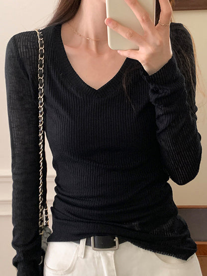 Ribbed V Neck Slim Long Sleeve Knit