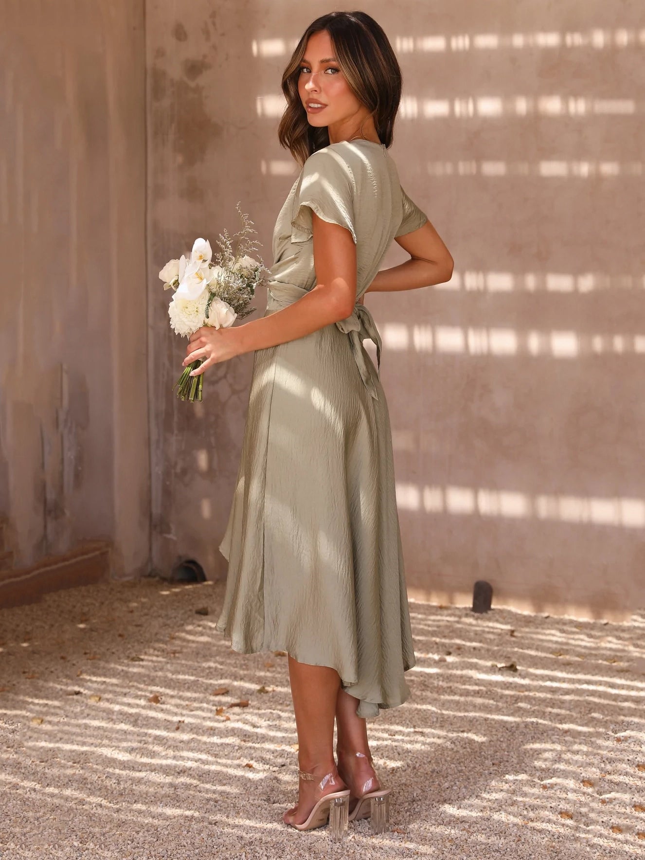 Short Sleeves Midi Dresses V-Neck Knotted High Low Design