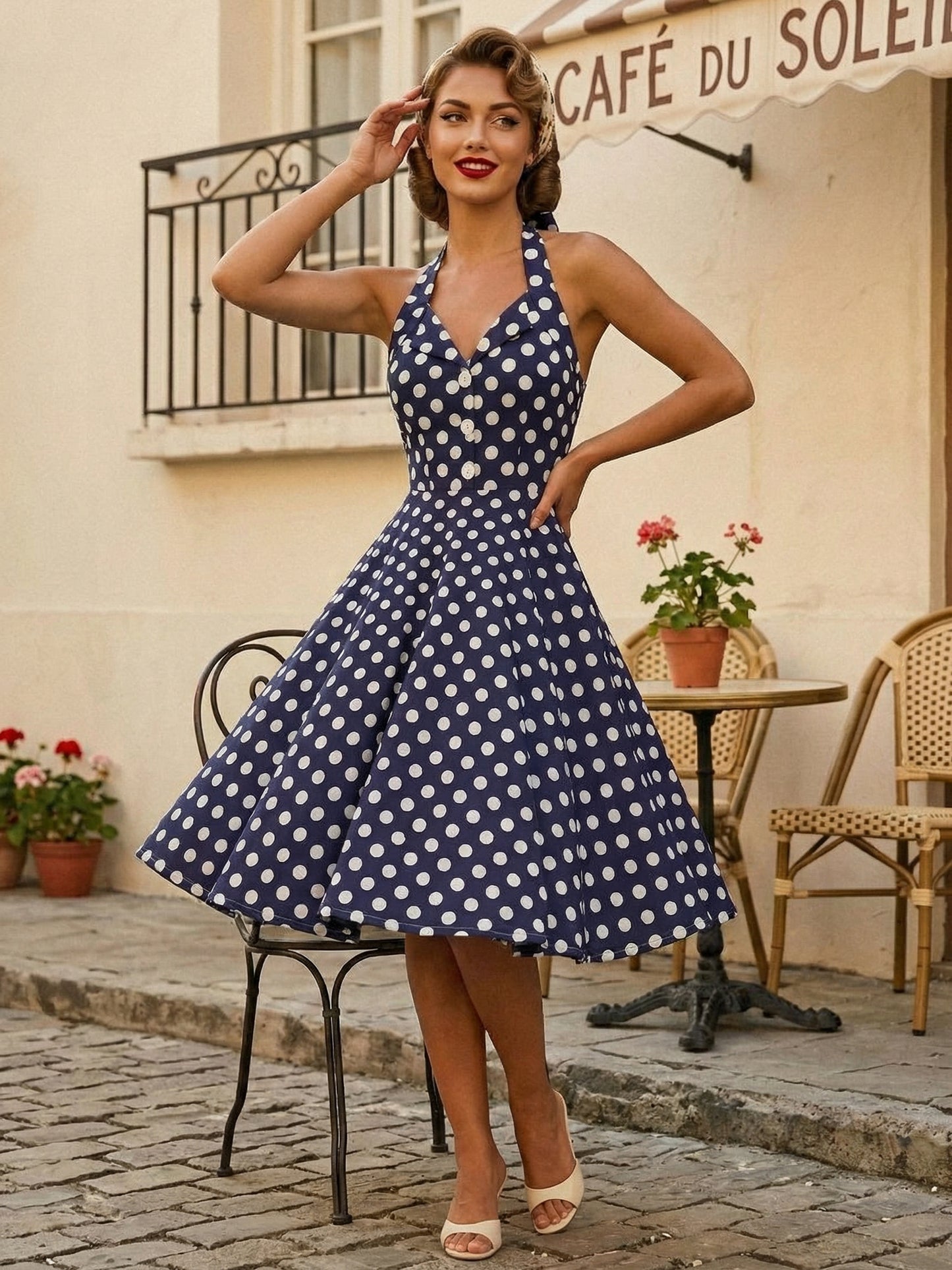 Vintage 1950s Polka Dot Midi Swing Dress for Women - Halter Neck A-Line Rockabilly Pinup Sun Dress - Holiday Picnic 2026