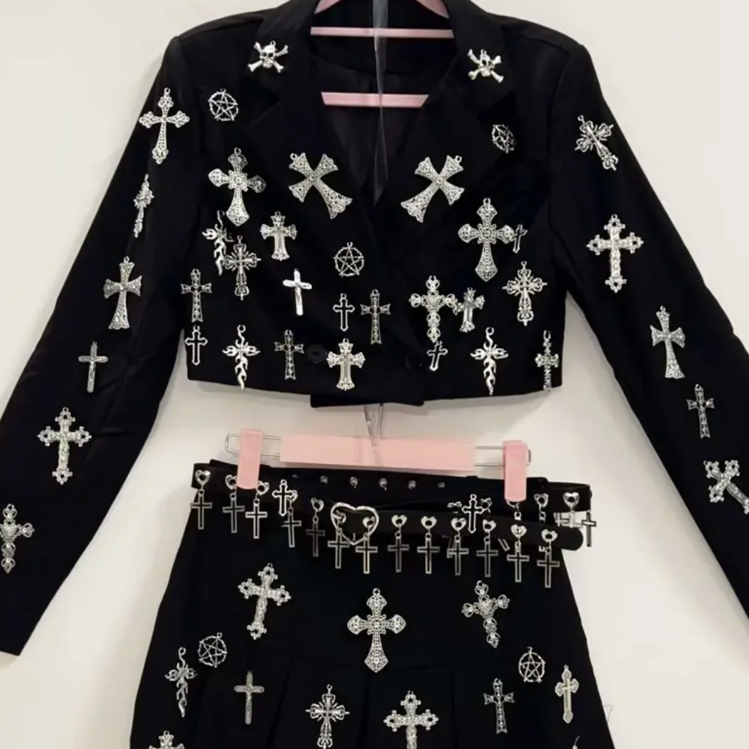Long sleeve cross applique belt mini skirt set