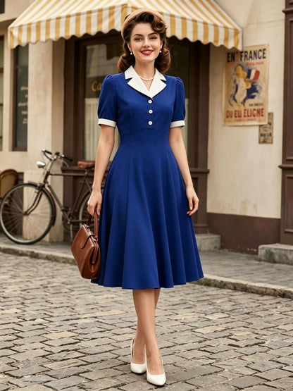 1950s Vintage Lapel Collar Swing Dress Puff Short Sleeve Button Retro Rockabilly Dress