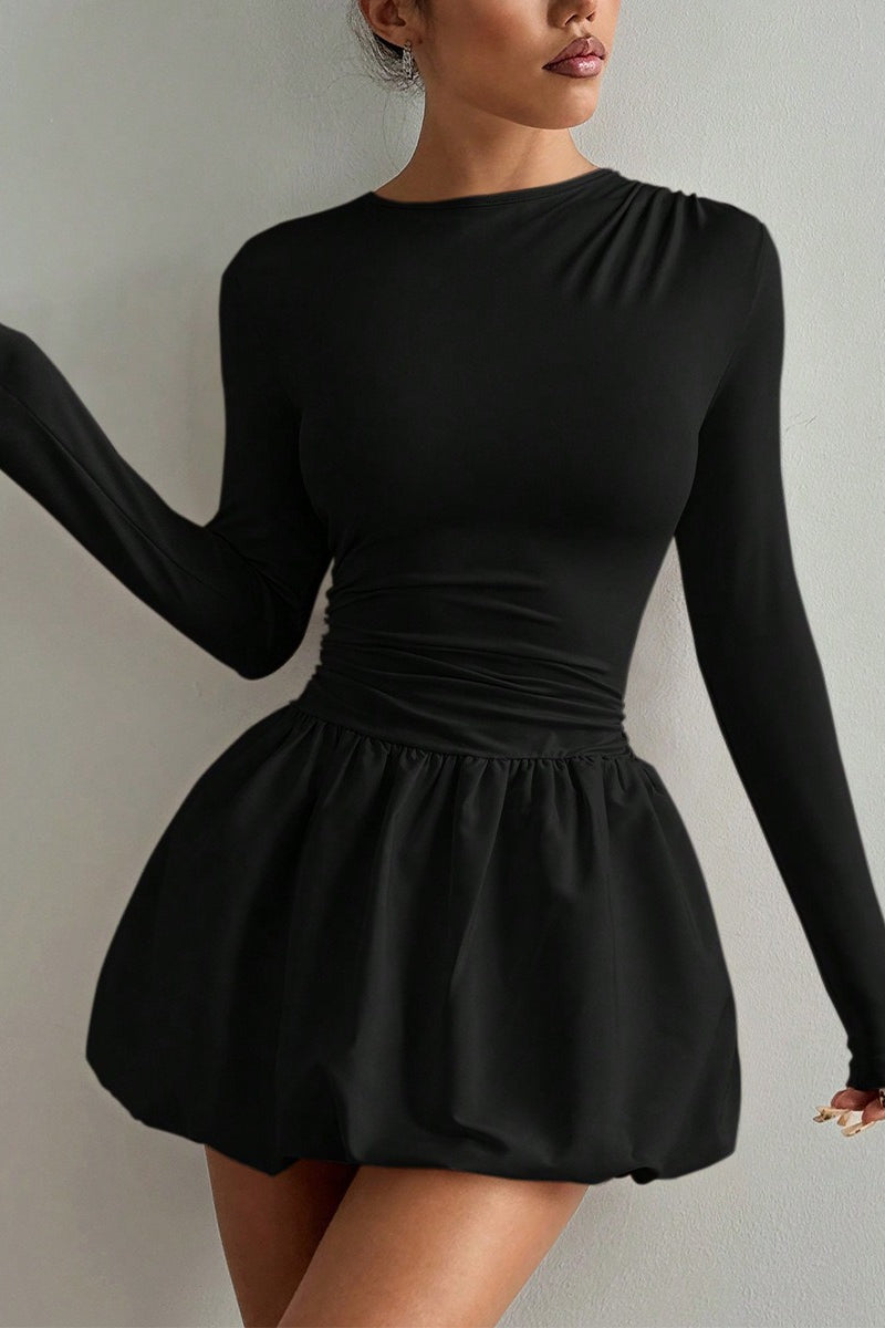 Round Neck Long Sleeve Ruched Waist Bubble Hem Mini Dress