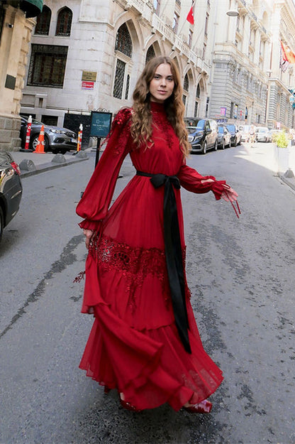 Sylvia Lace Tiered Chiffon Maxi Dress