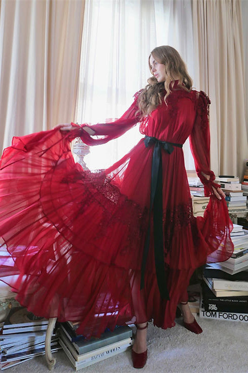 Sylvia Lace Tiered Chiffon Maxi Dress