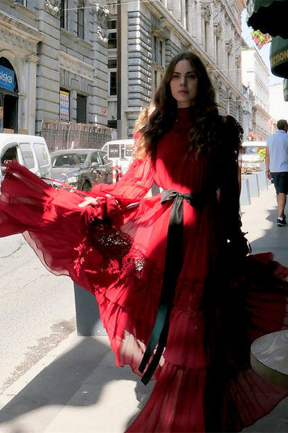 Sylvia Lace Tiered Chiffon Maxi Dress