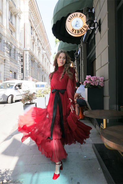 Sylvia Lace Tiered Chiffon Maxi Dress