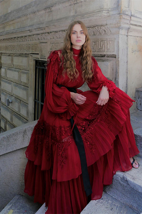 Sylvia Lace Tiered Chiffon Maxi Dress