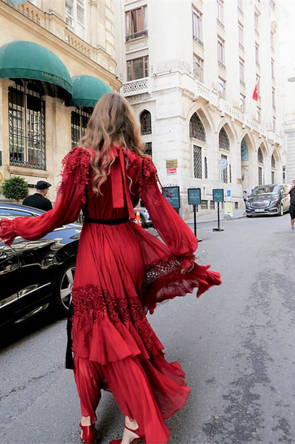 Sylvia Lace Tiered Chiffon Maxi Dress