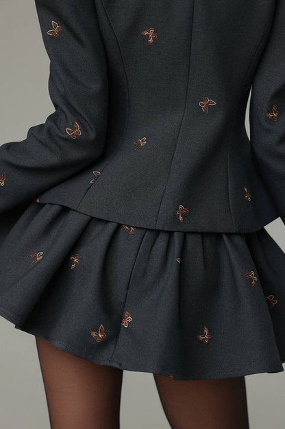 Embroidered Waist-Cinched Blazer & Mini Skirt Two Piece Set