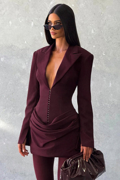 Peak Lapel Deep Plunge Corset Hook Closure Ruched Wrap Blazer Mini Dress