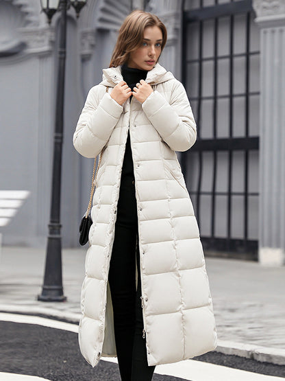 Women Coat Belted Removable Faux Fur Collar Hooded Full Length Winter Coat