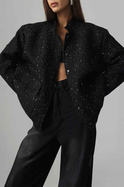 Sequin Stand Collar Pocket Jacket