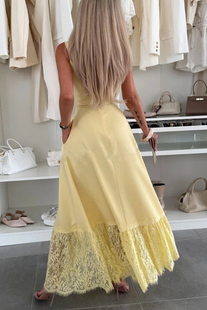 Solid Color Square Neck Sleeveless Fitted Waist Elegant Lace Hem Maxi Dress