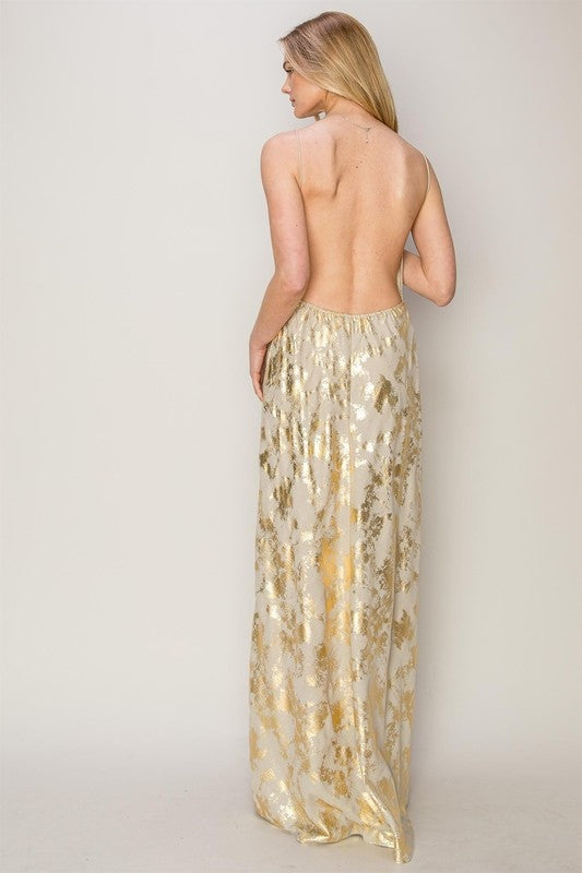 Julie Metallic Print Spaghetti Strap Maxi Dress