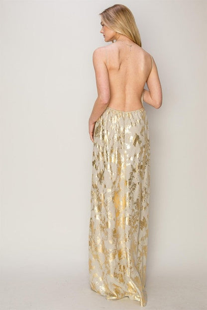 Julie Metallic Print Spaghetti Strap Maxi Dress