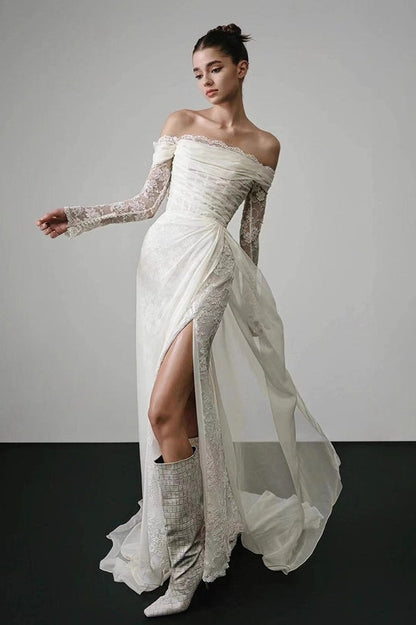 Long Sleeve Lace Off Shoulder Reception Dress