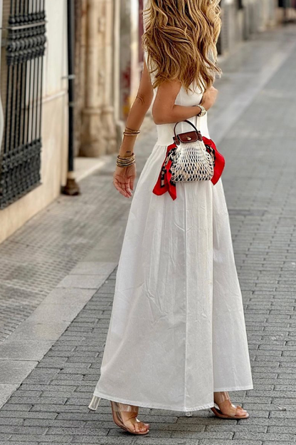 White Waist Loose Hem Sleeveless Round Neck Long Dress
