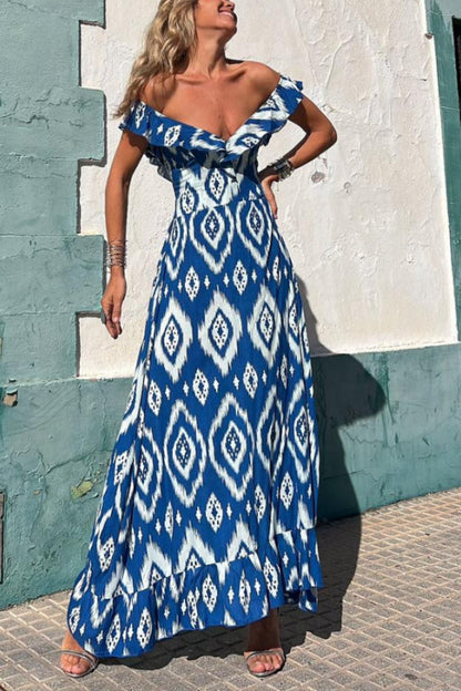 TUNISIA BLUE PRINTED, LONG DRESS