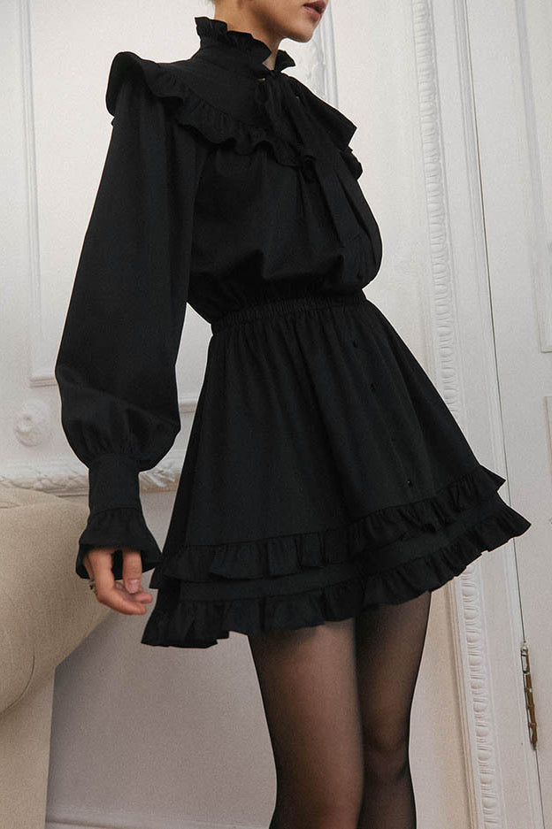Bow Tie Ruffle Neck Long Sleeve Button Front Ruffled Hem Mini Dress