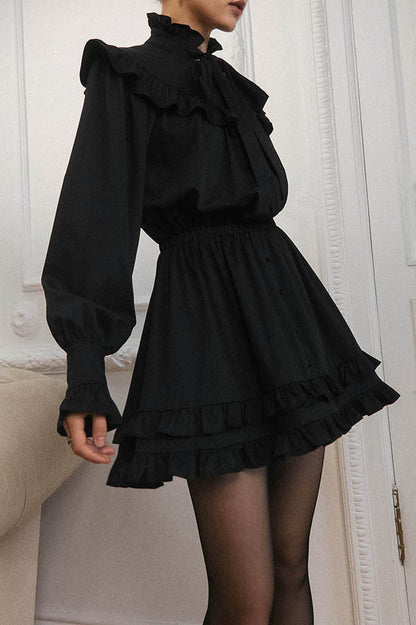 Bow Tie Ruffle Neck Long Sleeve Button Front Ruffled Hem Mini Dress